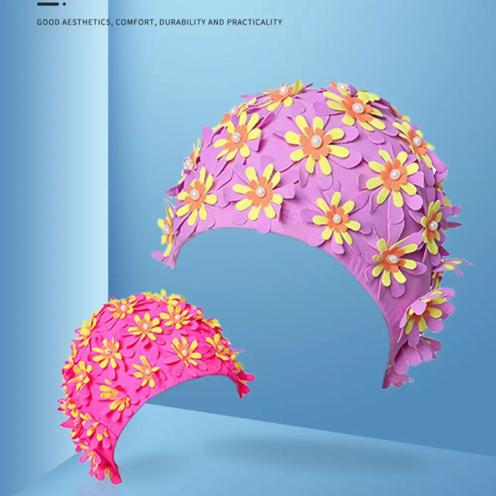 Pearl Floral Swim Cap for Women – Vintage Long Hair Swimming Swim Cap PLUSH
