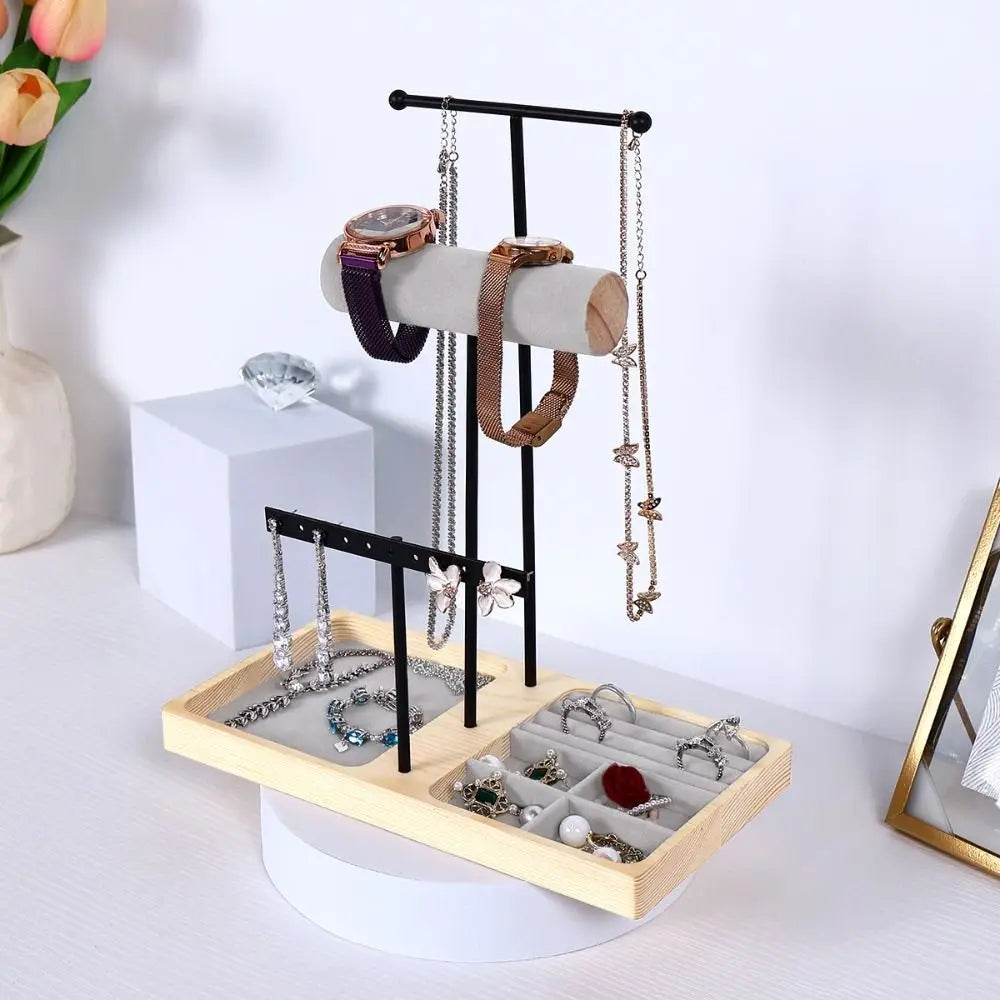 Wood & Metal T-Shape Jewelry Stand – Necklace & Earring Rack Jewelry Display Stand PLUSH