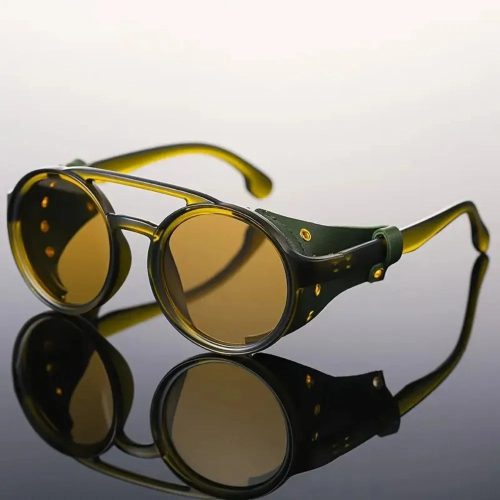 Retro Round Steampunk Sunglasses | Leather Side Shields Steampunk Sunglasses PLUSH