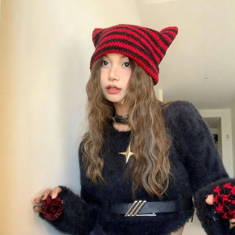 Y2K Cat Ears Beanie Hat – Striped Knit Crochet Pullover Knit Beanie Hat PLUSH