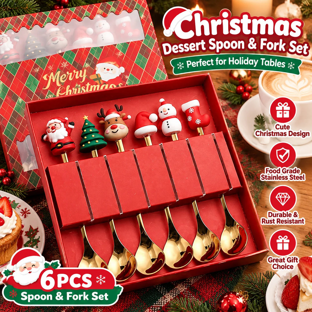 Christmas Santa Cartoon Spoon & Fork Tableware Gift Box Set Holiday Tableware Set PLUSH