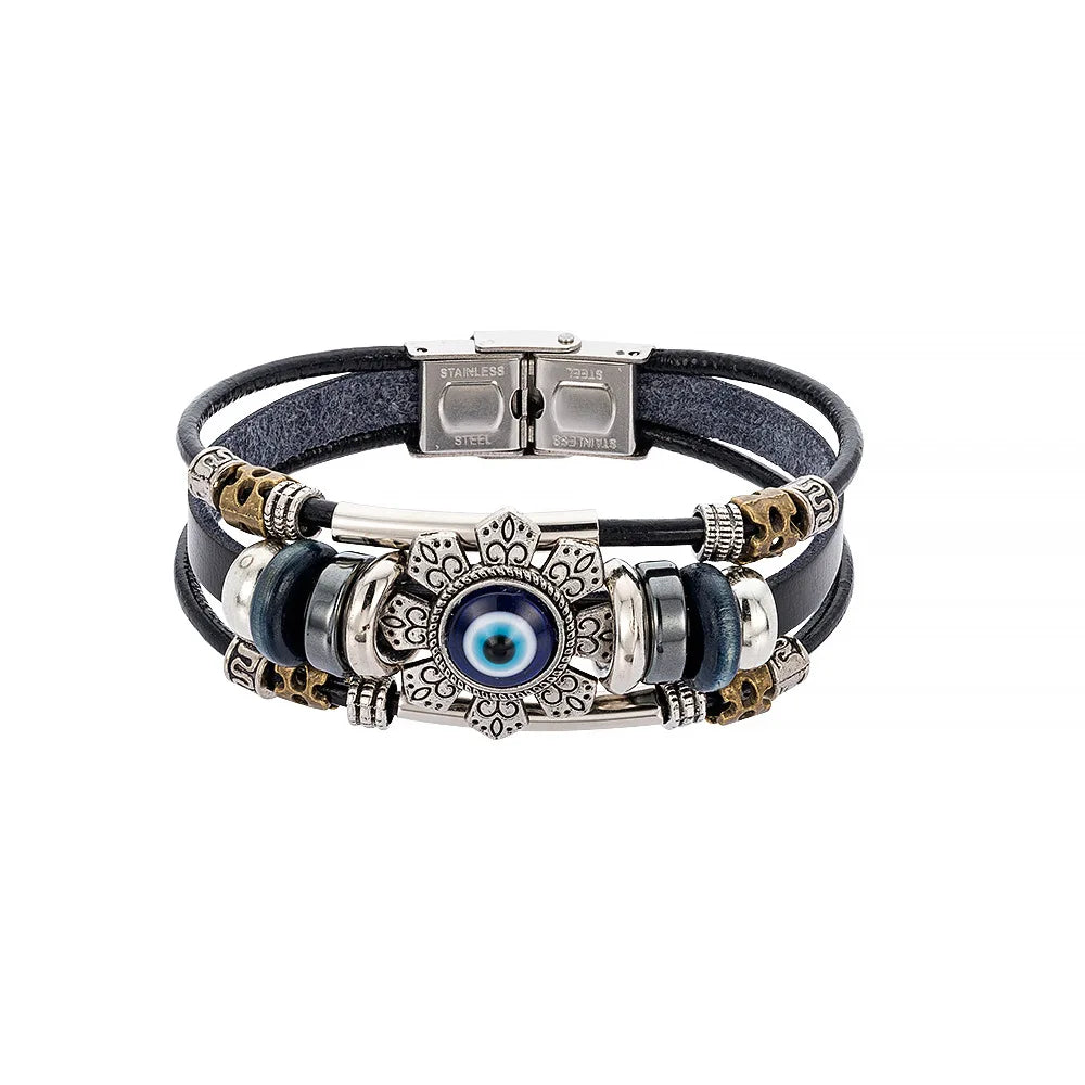 Evil Eye Turkish Multilayer Black Leather Bracelet for Men Leather Charm Bracelet PLUSH