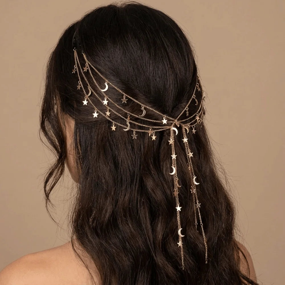 Vintage Moon Star Braided Hair Chain Boho Tassel Headpiece Boho Hair Headpiece PLUSH