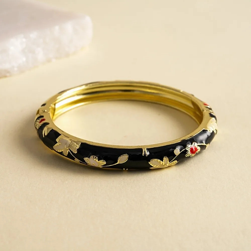 Vintage Cloisonné Enamel Flower Cuff Bangle | Rhinestone Women's Enamel Cuff Bangle PLUSH Style-D