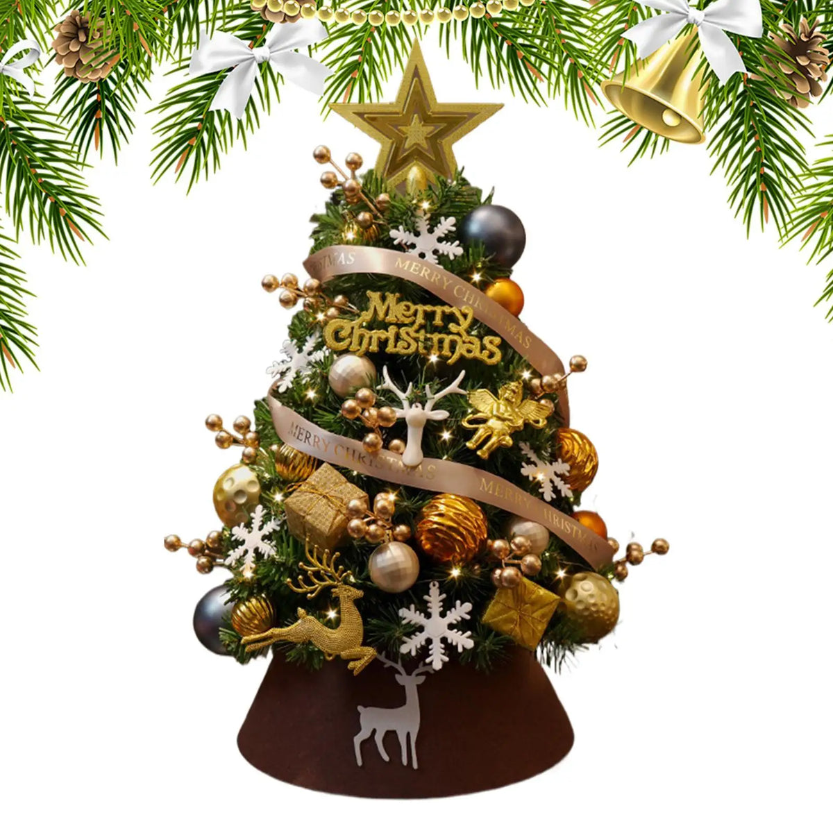 Desktop Mini Christmas Tree with LED Lights & Gold Ornaments Tabletop Christmas Tree PLUSH