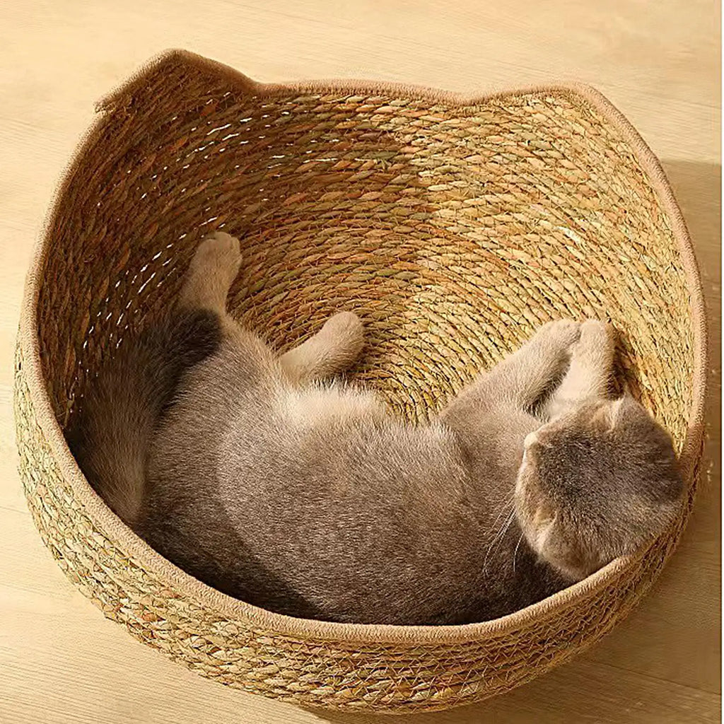 Woven Cat Basket Bed with Cushion & Pillow – Washable Cat Basket Bed PLUSH