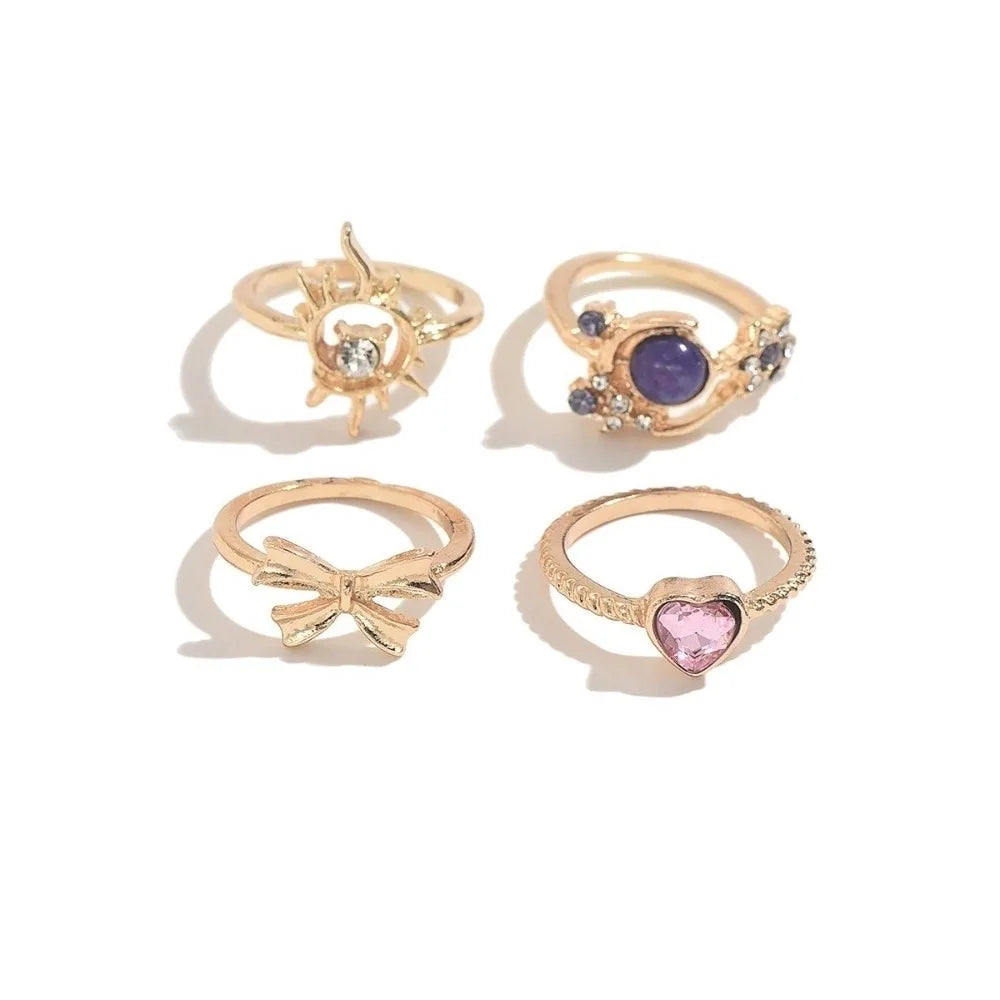 Vintage Gold Sun Moon Stackable Ring Set – 4pcs Purple Gem Stackable Ring Set PLUSH Bow-Heart-Gold