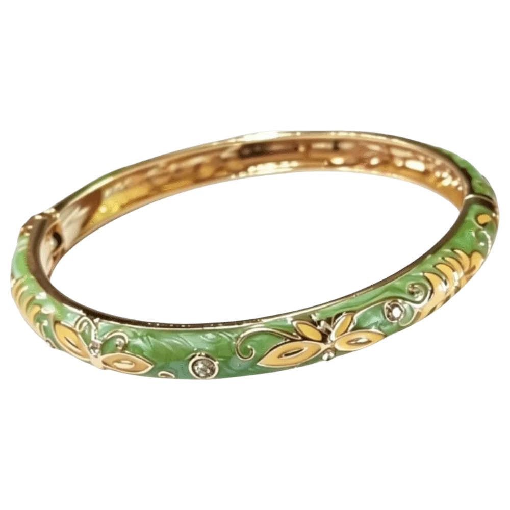 Vintage Cloisonne Enamel Bangle – Floral Butterfly Open Cuff Enamel Cuff Bangle PLUSH Green
