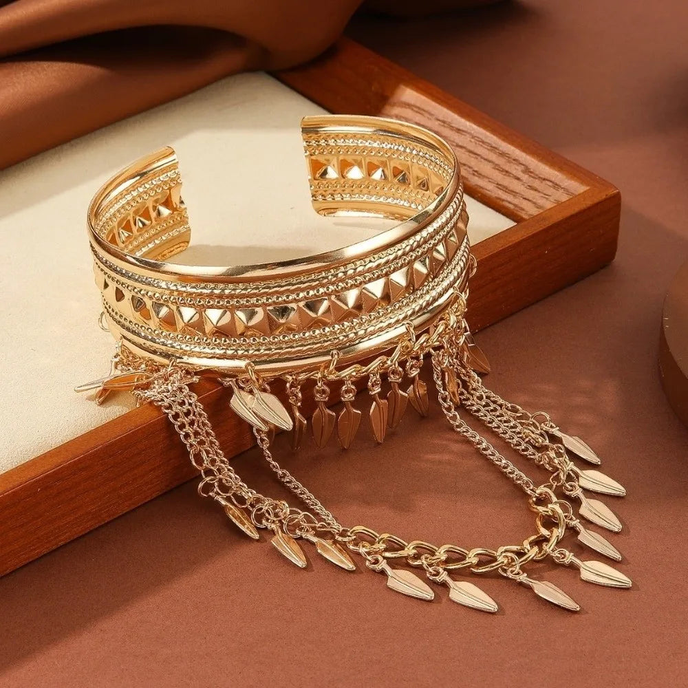 Boho Gold Tassel Arm Cuff Bangle – Adjustable Coin Leaf Armlet Arm Cuff Bangle PLUSH