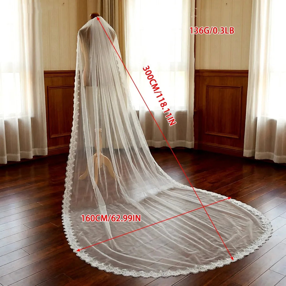 Long Lace Bridal Veil with Comb – Vintage Tulle Wedding Veil Bridal Veil PLUSH White 300cm