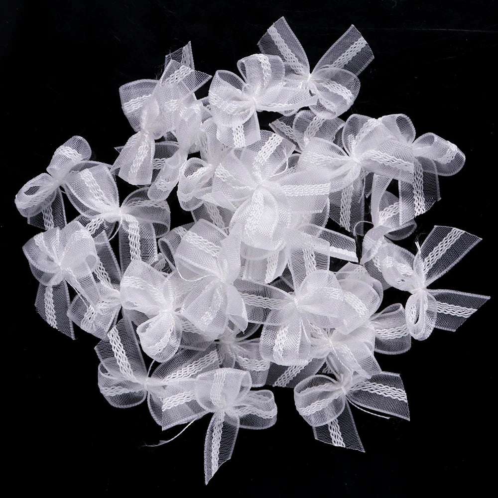30pcs Mini Mesh Ribbon Bows – Multicolor Lace Bowknot DIY Ribbon Bow Embellishments PLUSH White 2.5X2.5cm