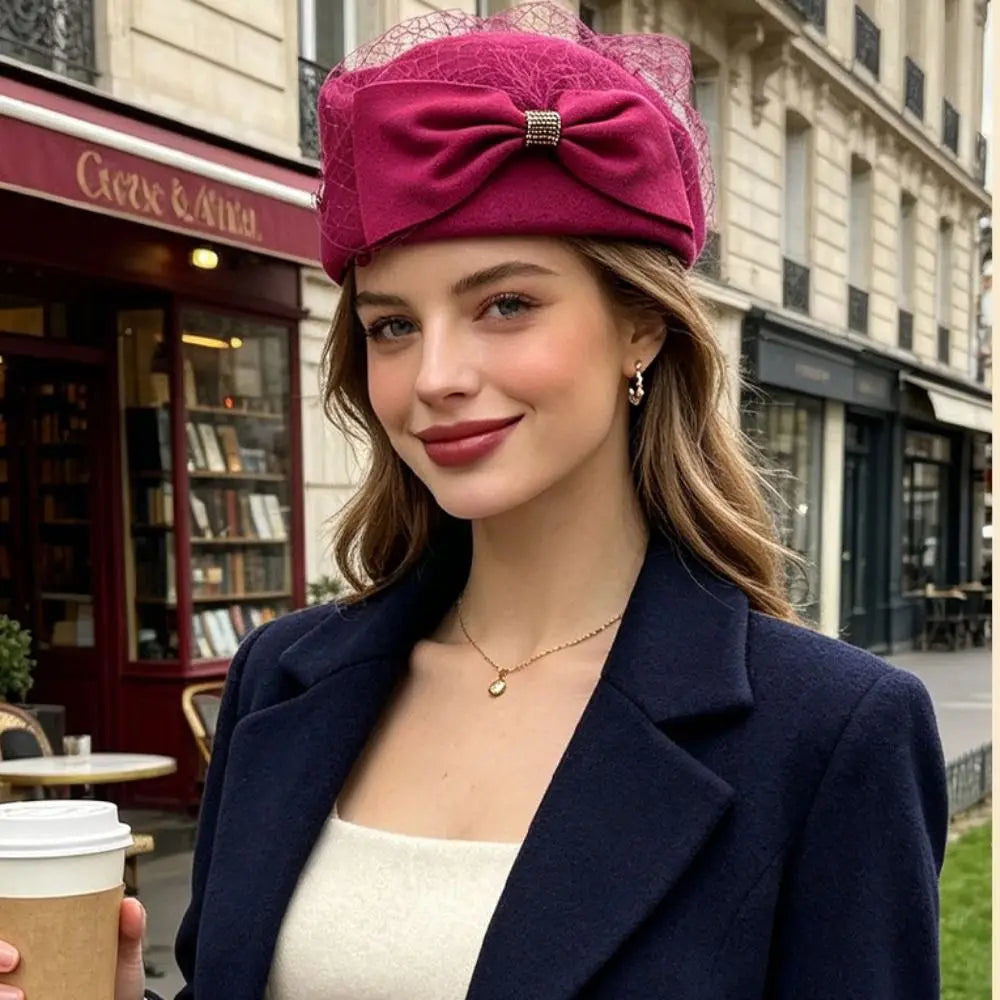 Vintage French Bow Pillbox Hat – Rhinestone Fedora for Women Pillbox Fedora Hat PLUSH