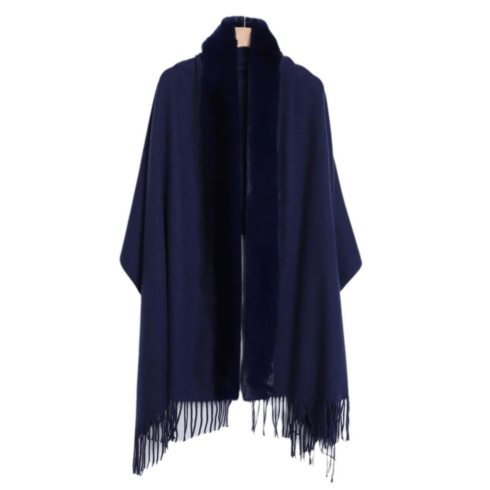 Women's Oversized Faux Fur Collar Shawl Wrap Cape Poncho Faux Fur Shawl Wrap PLUSH Dark Blue