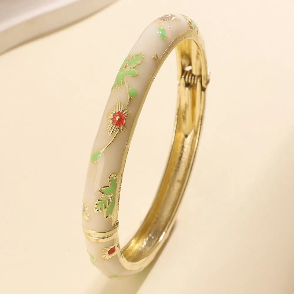 Flower Enamel Cloisonné Bangle – Vintage Filigree Bracelet Enamel Bangle PLUSH Milky white
