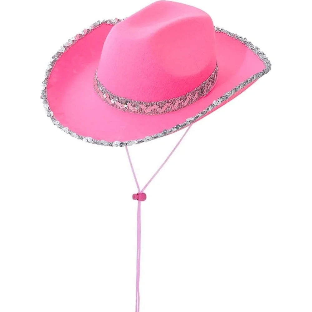 Wide Brim Sequin Cowgirl Hat – Furry Trim Western Style Western Cowgirl Hat PLUSH Style A Pink