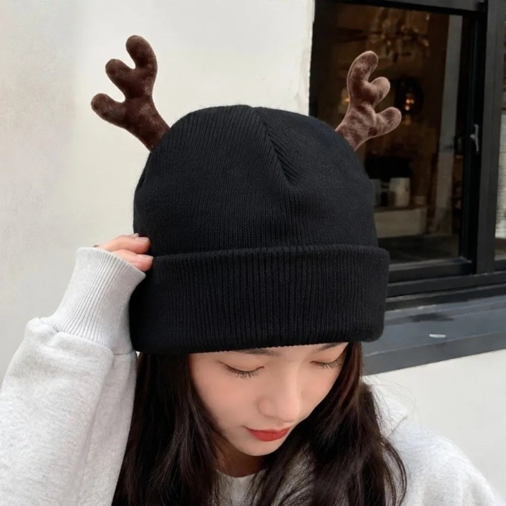 Reindeer Antler Knit Beanie – Cozy Christmas Cosplay Hat Knit Beanie Hat PLUSH