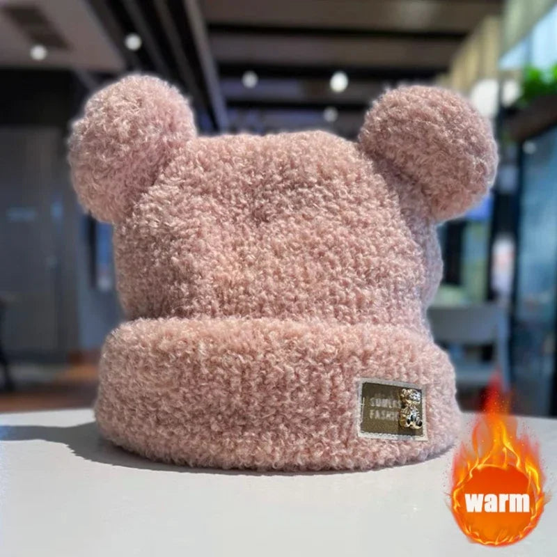 Women's Bear Ear Knitted Beanie – Plush Lined Slouchy Winter Hat Knitted Winter Beanie PLUSH Pink 2PCS