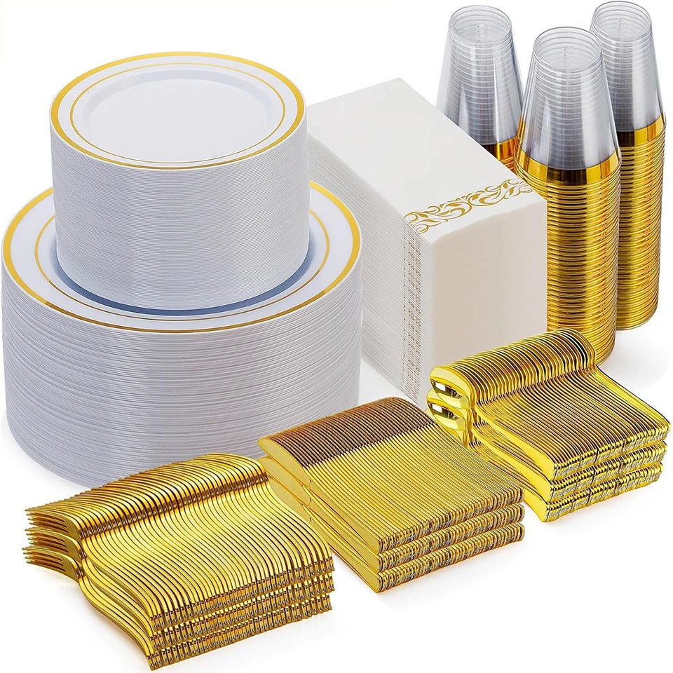 Gold Rim Disposable Dinnerware Set – Plates, Cups & Cutlery Disposable Dinnerware Set PLUSH