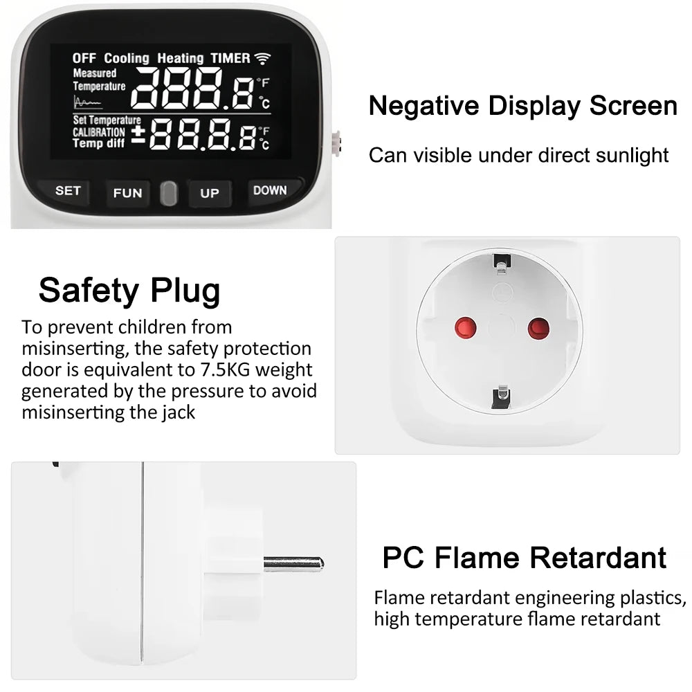 Digital Thermostat Socket EU Plug – Timer, Probe, Heating & Cooling Thermostat Controller Socket PLUSH