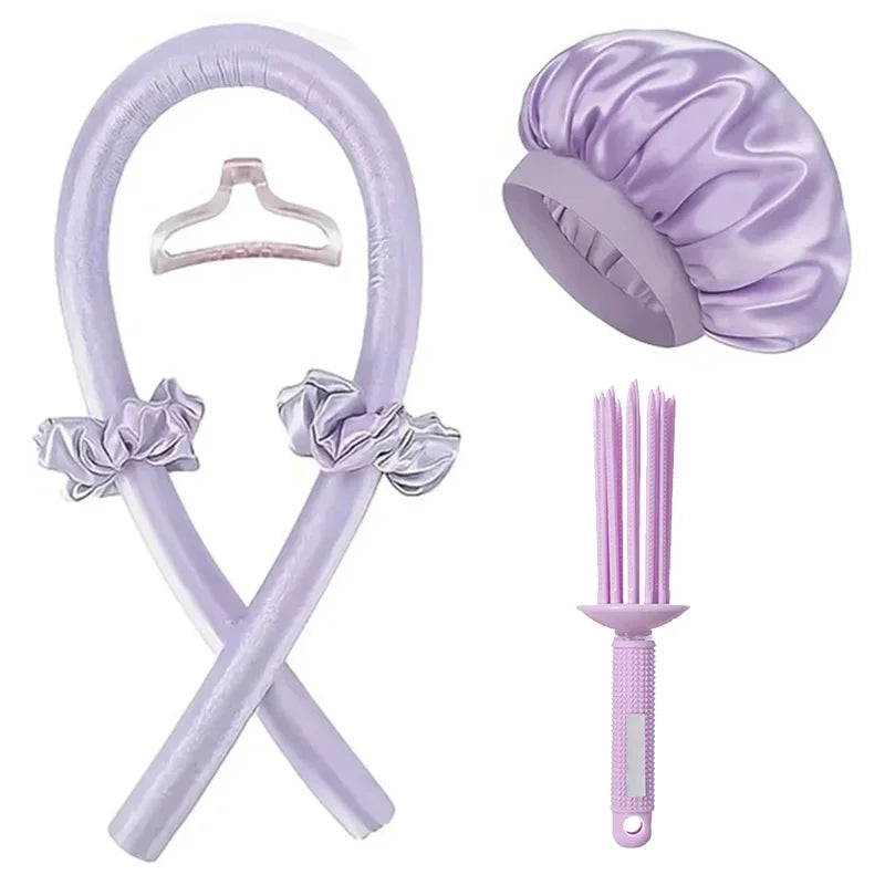 6-Piece Heatless Curls Set – Overnight Satin Hair Curler Kit Heatless Hair Curler PLUSH Purple set