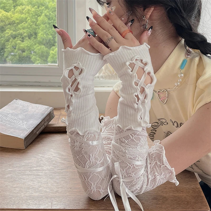 Lolita Lace Fingerless Arm Sleeves – Elastic Mesh Punk Gloves Lace Arm Sleeves PLUSH