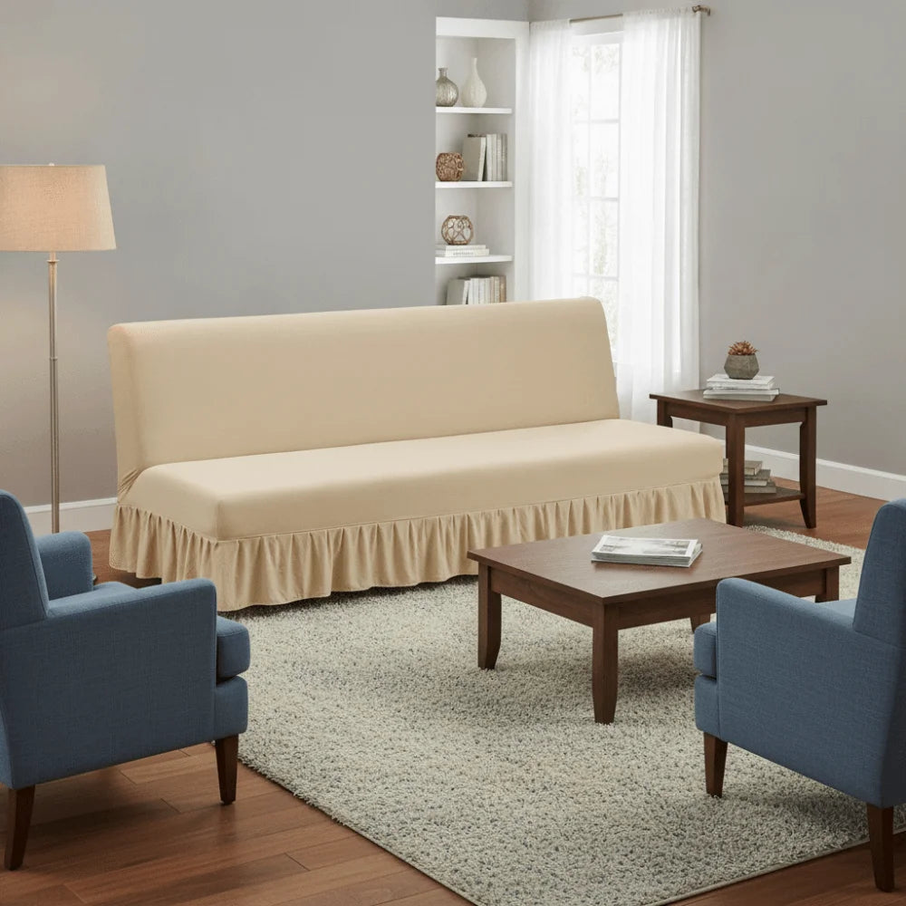 Elastic Armless Futon Sofa Cover with Skirt | Slipcover Sofa Slipcover PLUSH