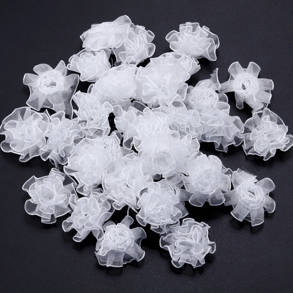 30pcs 3.5cm Organza Carnation Flowers for DIY Hair & Crafts Fabric Flower Embellishments PLUSH White