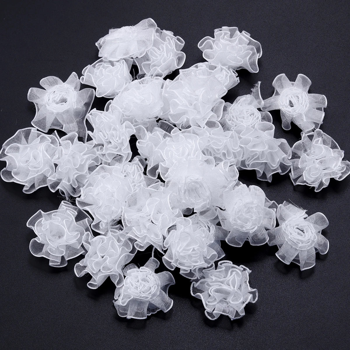 30pcs 3.5cm Organza Carnation Flowers for DIY Hair & Crafts Fabric Flower Embellishments PLUSH White