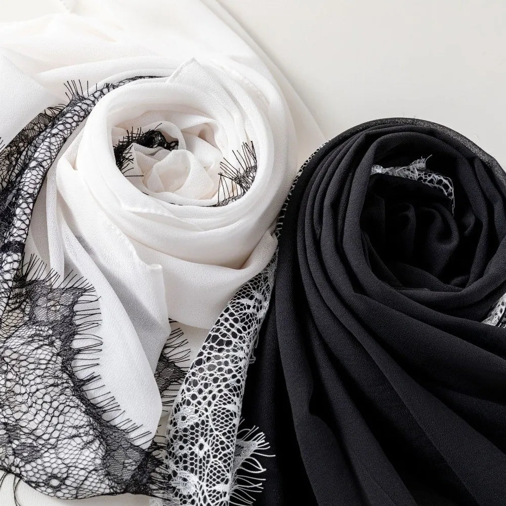 Women's Chiffon Hijab Scarf – Soft Lace Trim Long Shawl Wrap Hijab Head Scarf PLUSH