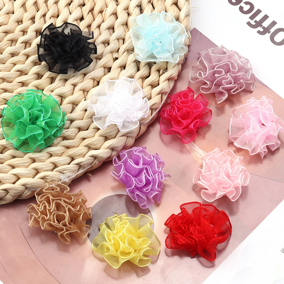 30pcs 3.5cm Organza Carnation Flowers for DIY Hair & Crafts Fabric Flower Embellishments PLUSH