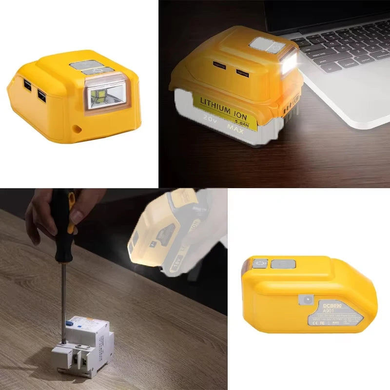 DCB090 Battery Adapter for DeWalt 18V 20V – Dual USB & LED Battery Power Adapter PLUSH