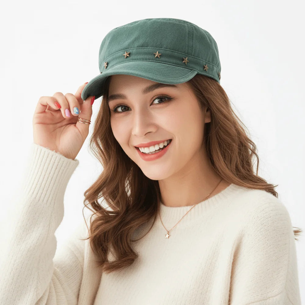 Washed Denim Flat Top Duckbill Cap – Retro Metal Rivet Hat Flat Top Cap PLUSH