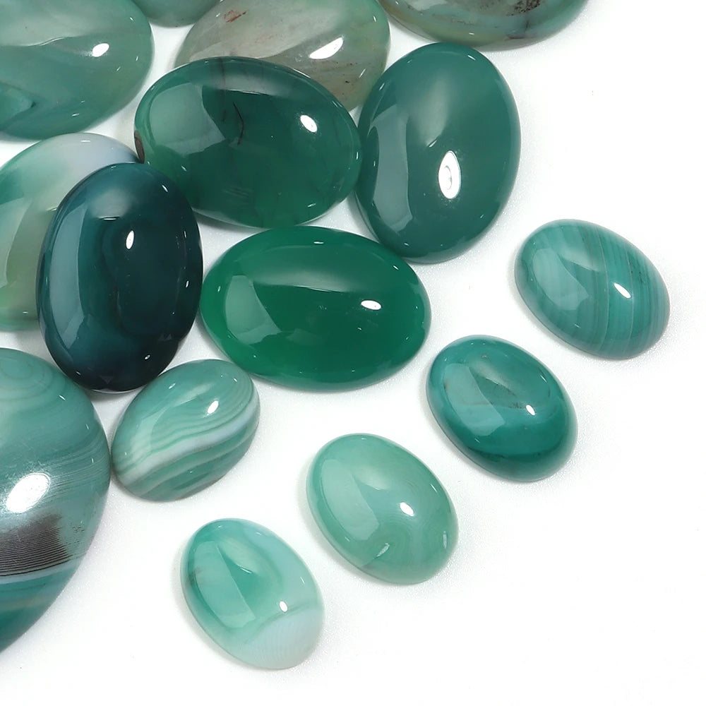 Striped Green Agate Oval Cabochon Flat Back Gemstone Beads DIY Gemstone Cabochon Beads PLUSH
