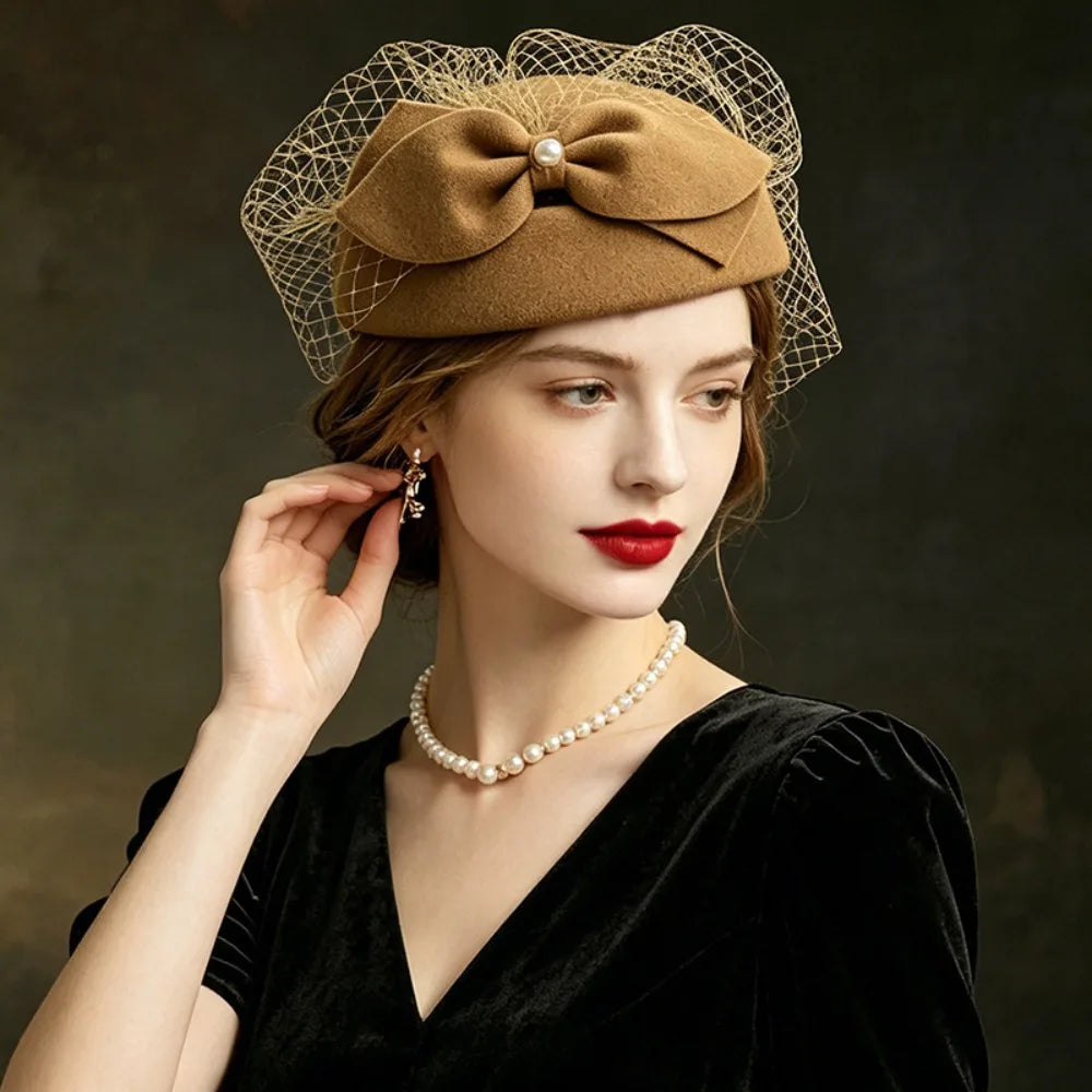 Women's Elegant Pearl Bow Fedora Top Hat | Party & Fashion Women's Fashion Hat PLUSH Brown