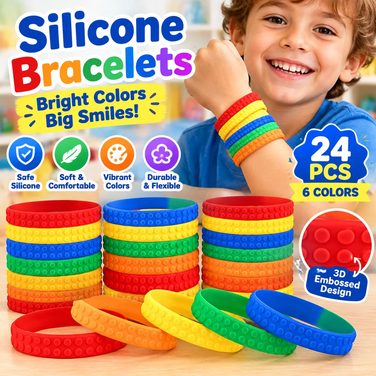 Kids Building Block Silicone Bracelet Kit – Colorful Rubber Bangles Kids Silicone Bracelet PLUSH 6 Colors 24PCS 10Bags