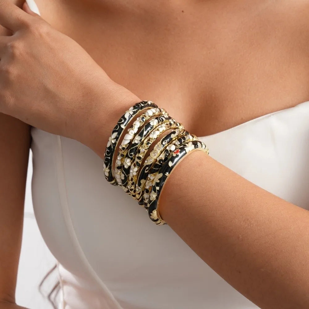 Vintage Cloisonné Enamel Flower Cuff Bangle | Rhinestone Women's Enamel Cuff Bangle PLUSH