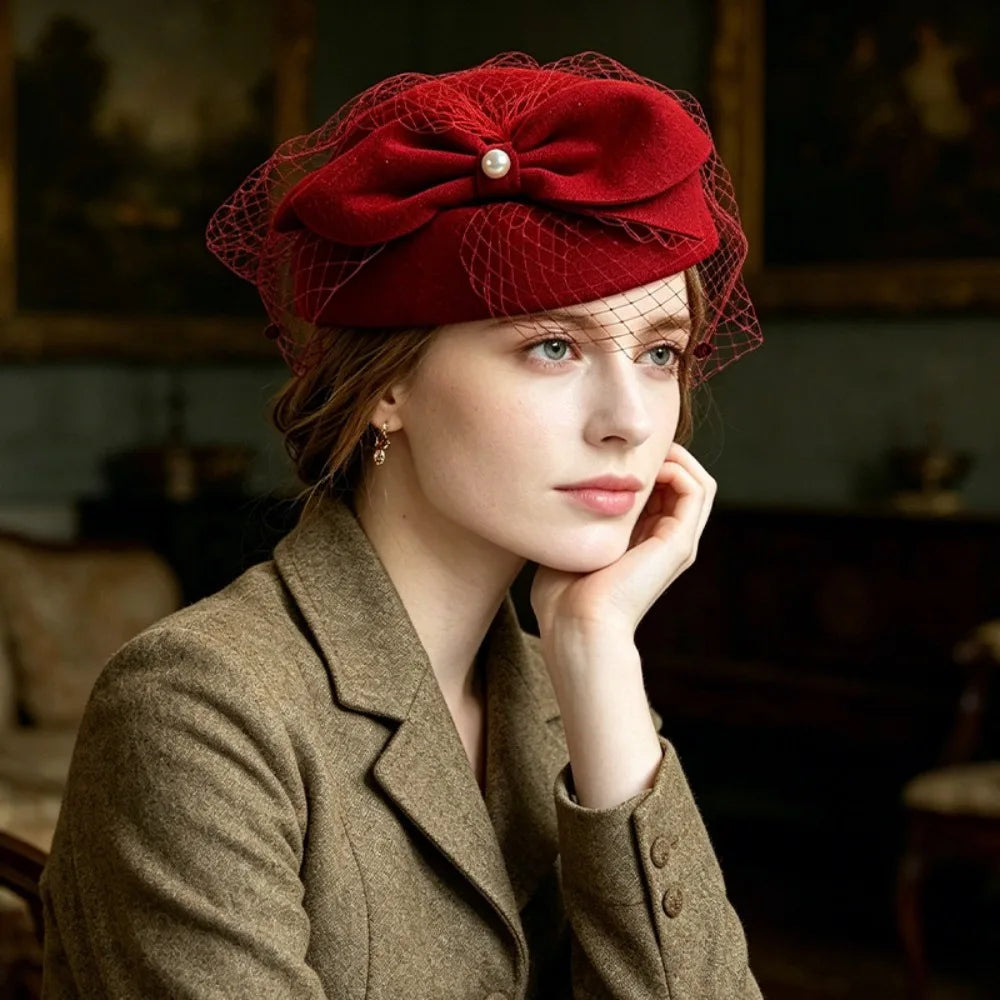 Women's Elegant Pearl Bow Fedora Top Hat | Party & Fashion Women's Fashion Hat PLUSH Red