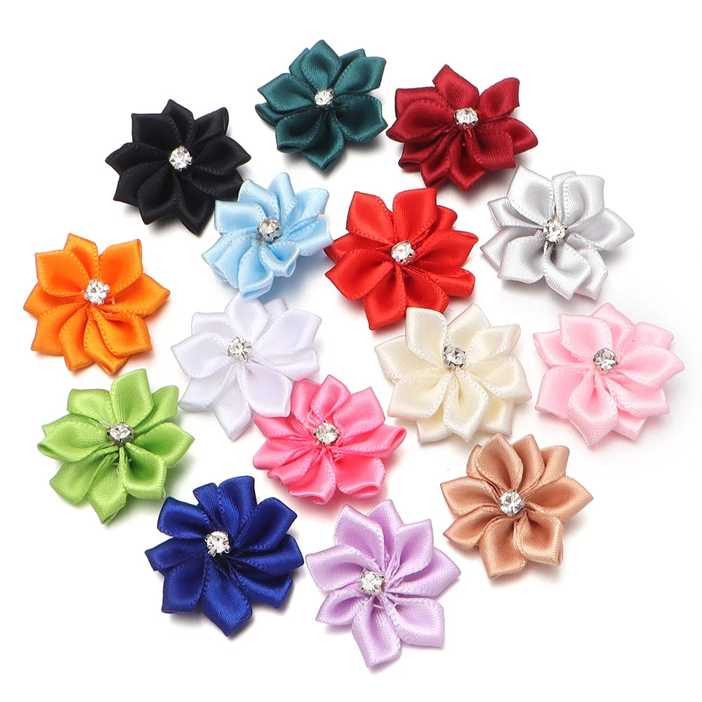 10pcs 3cm Satin Ribbon Flowers Rhinestone 9-Petal DIY Craft Fabric Flower Appliqué PLUSH Random Mixed