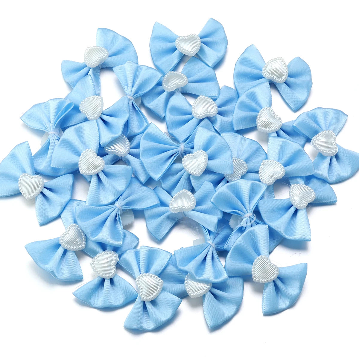 20pcs Satin Ribbon Bows with Pearl Heart – DIY Hair & Gift Decor Bow Appliques PLUSH Blue