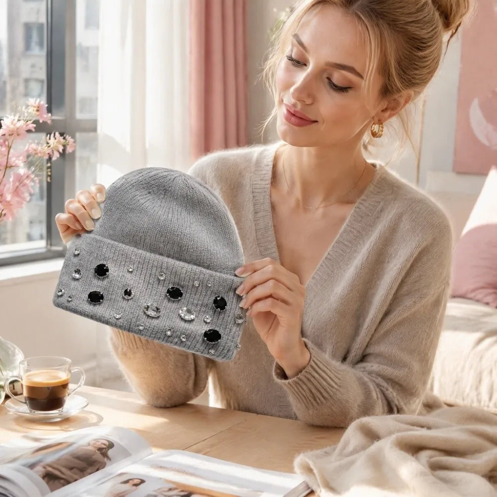 Women's Rhinestone Knit Beanie – Warm Winter Hat Knit Beanie Hat PLUSH