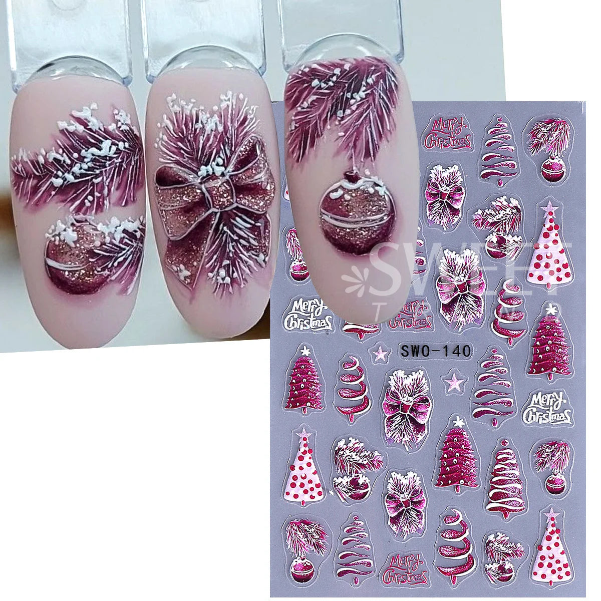 Christmas Nail Matte Decals – Xmas Tree, Bow & Cat Stickers 2pk Nail Art Stickers PLUSH