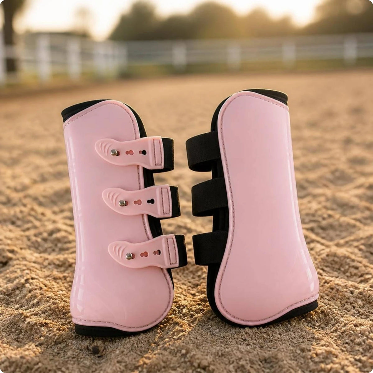 Horse Front Leg Tendon Boots – Adjustable Equestrian Guard Horse Tendon Boots PLUSH Pink L-front