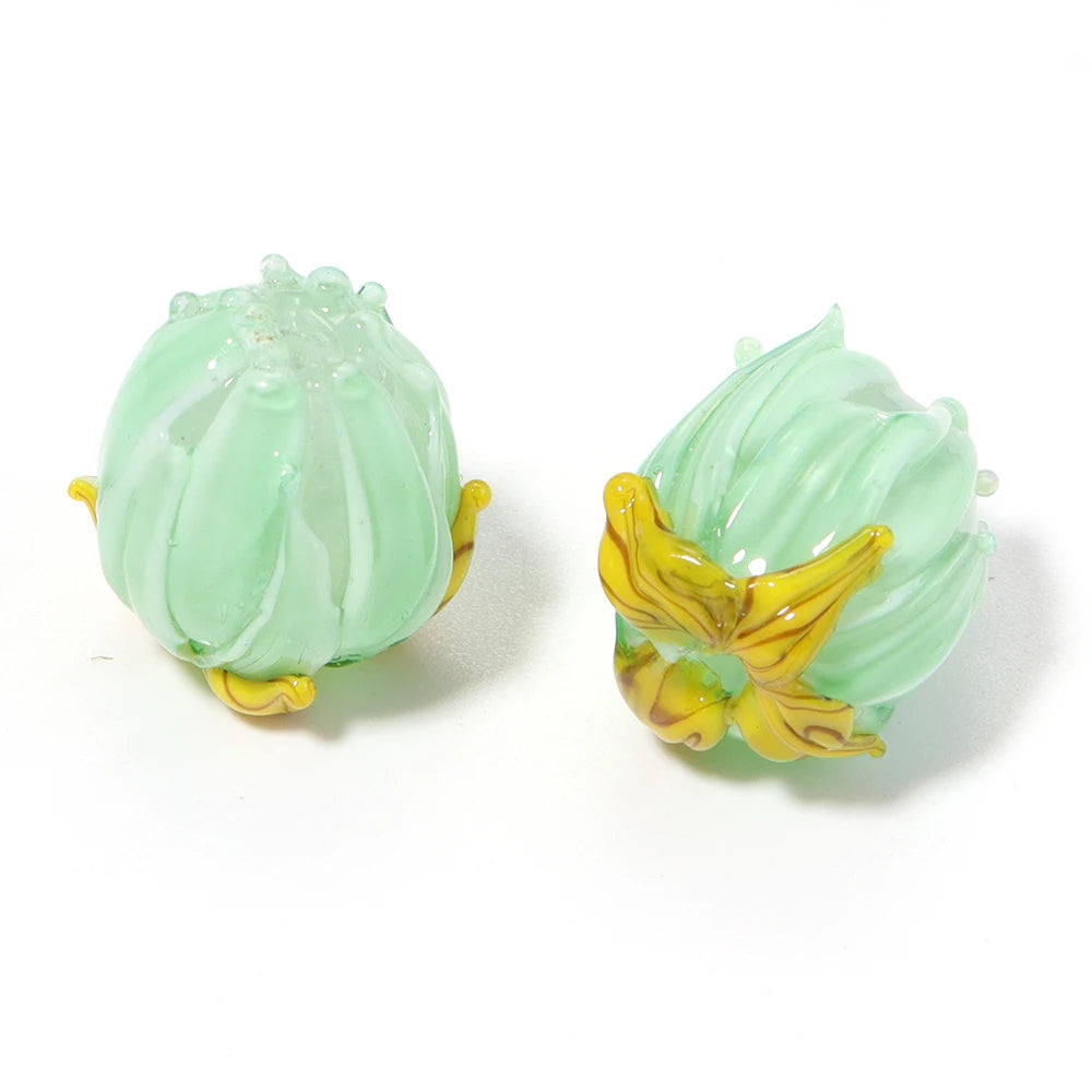 Tulip Lampwork Glass Spacer Beads – Multicolor DIY Jewelry Lampwork Glass Beads PLUSH green x 2pcs