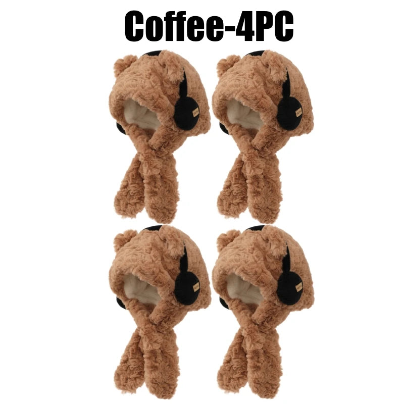 Women's Bear Ear Hat & Scarf Set – Fleece Lined Winter Hood Winter Hat Scarf Set PLUSH Coffee-4PC