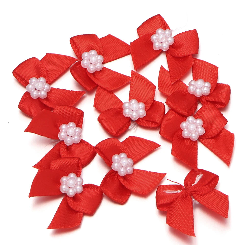 20pcs Pearl Satin Ribbon Bows – DIY Hair & Gift Decor Ribbon Bows PLUSH red
