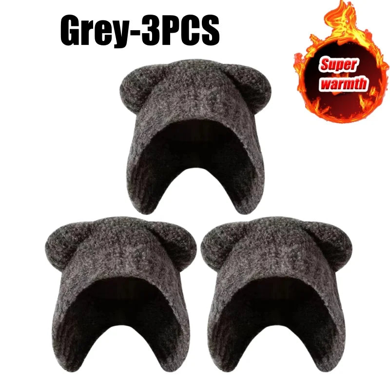 Women's Bear Ear Fleece Lined Knit Beanie – Korean Winter Hat Winter Knit Beanie PLUSH Grey-3PCS