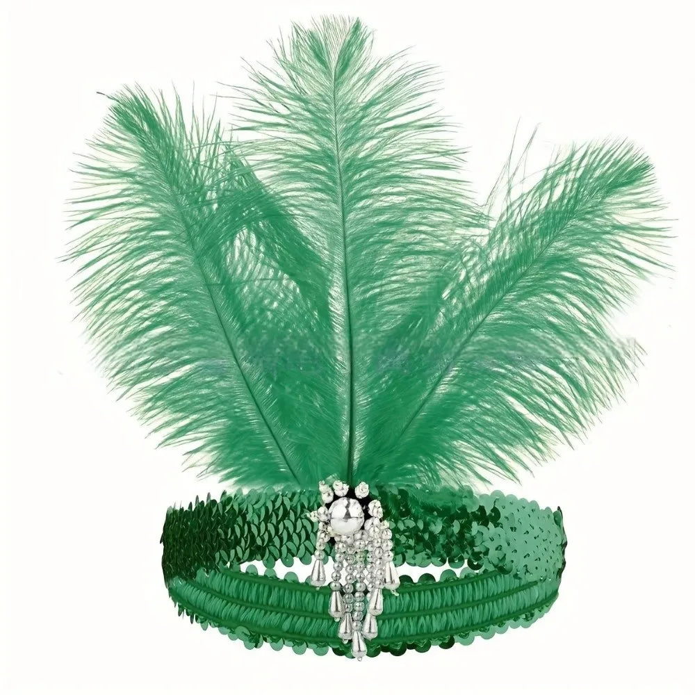 Vintage 1920s Feather Headband – Sequin Rhinestone Headpiece Feather Headband PLUSH Green