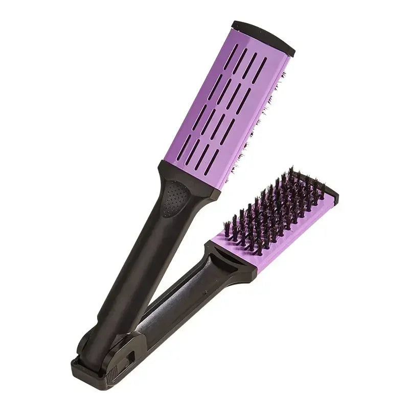 V-Shape Splint Hair Straightener Comb – Double Sided Brush Hair Styling Comb PLUSH Purple-2pcs
