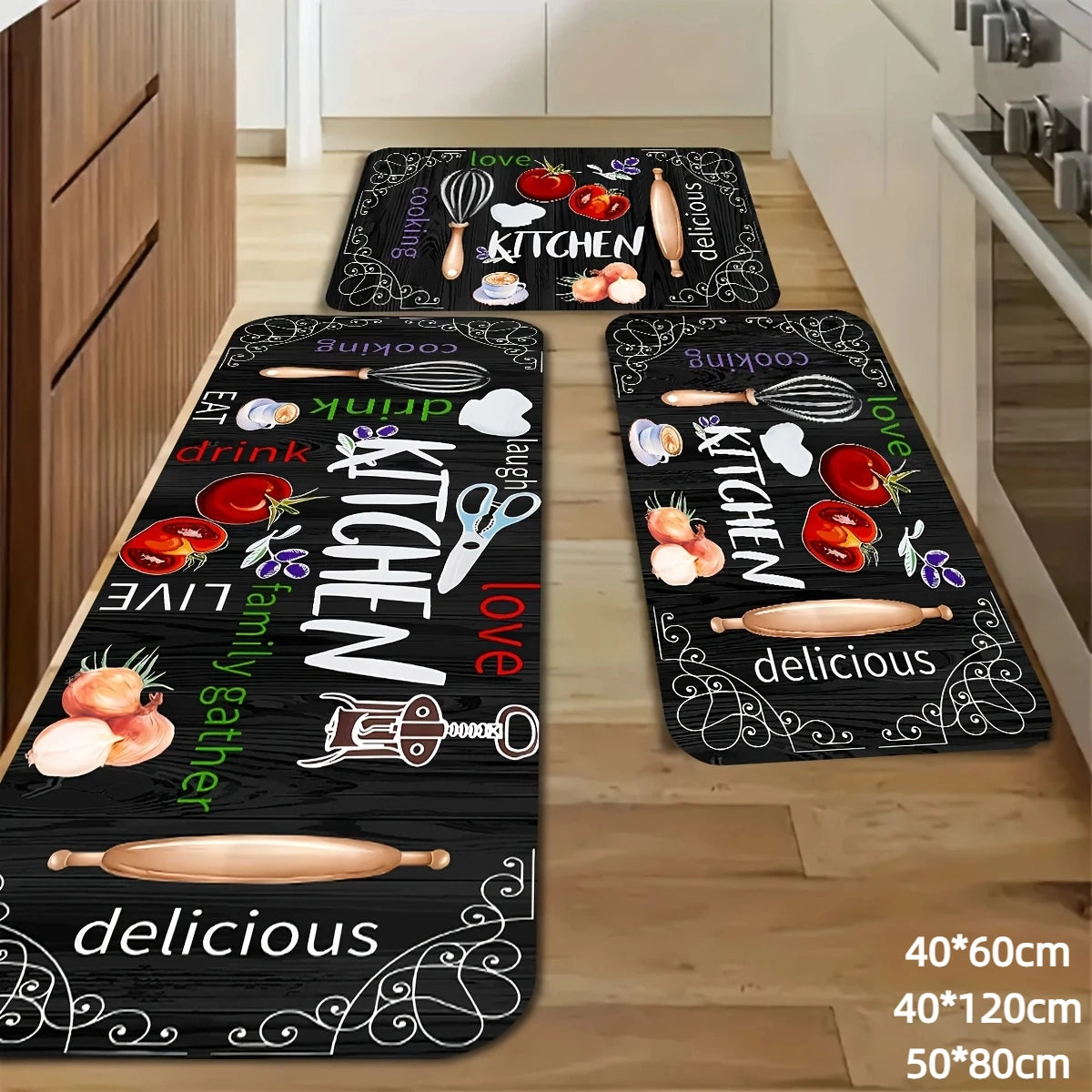 3-Piece Non-Slip Kitchen Mat Set – Knife & Fork Print Kitchen Mat Set PLUSH 3pcs 2