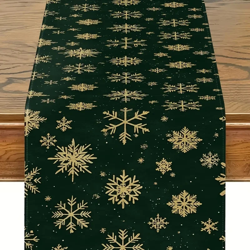 Dark Green Gold Snowflake Christmas Table Runner – 3 Sizes Christmas Table Runner PLUSH A 33X183Cm